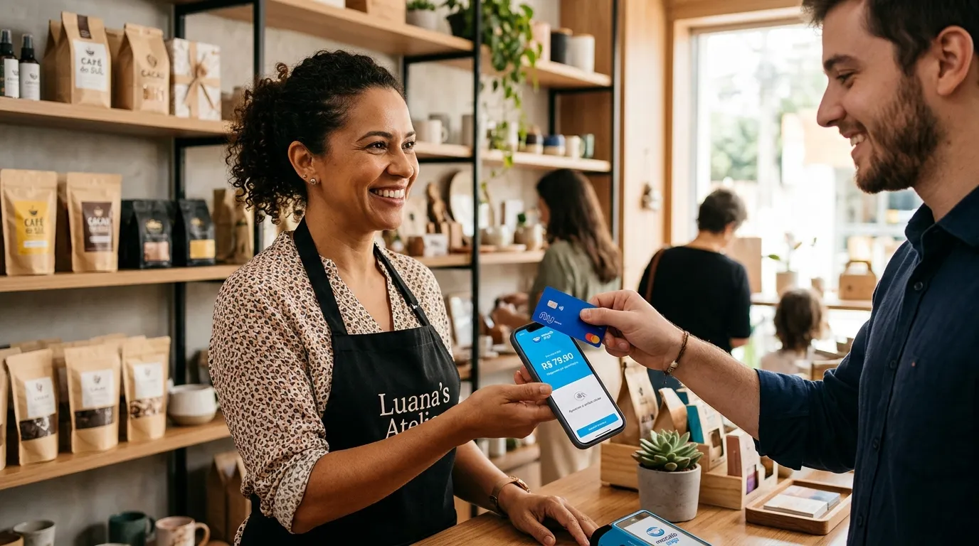 Comerciante aceitando pagamento por aproximação usando iPhone com Tap to Pay. 