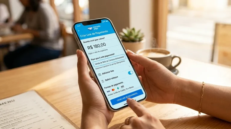 Tela do app Mercado Pago mostrando como gerar link de pagamento.