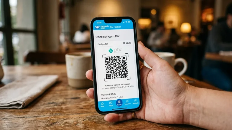 QR Code Pix gerado no app Mercado Pago para receber pagamentos.