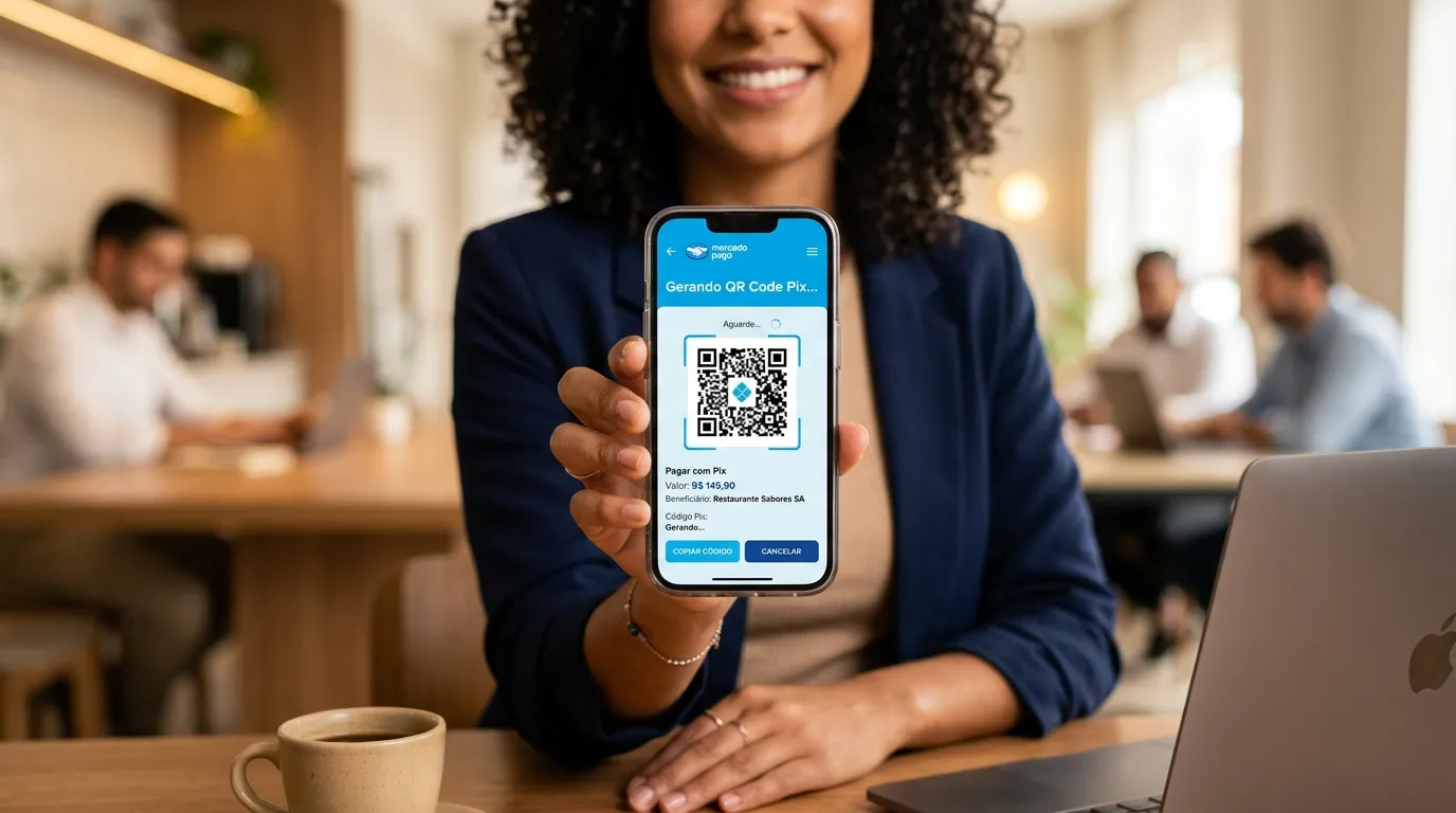 Pessoa gerando QR Code Pix no app Mercado Pago.