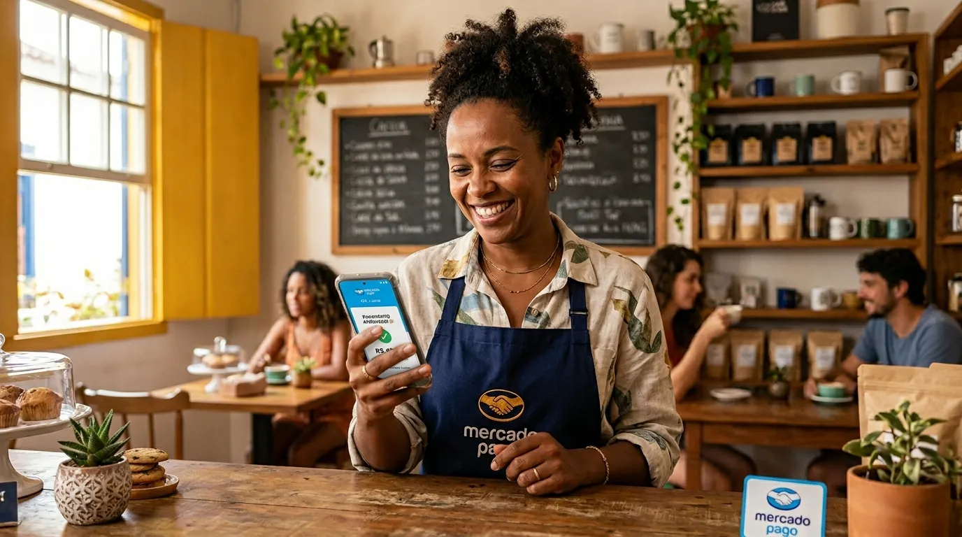 Empreendedor brasileiro usando o Point Tap do Mercado Pago para receber pagamentos no celular. 