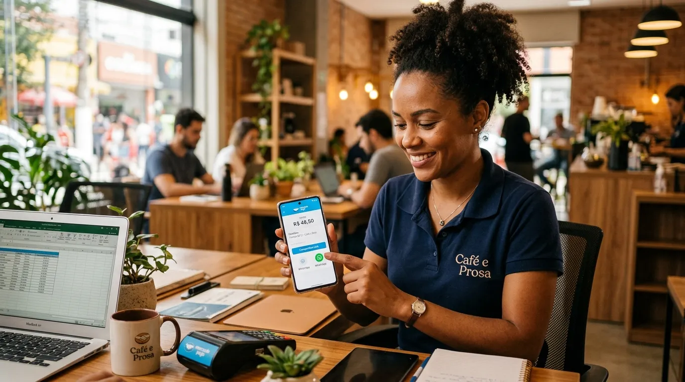 Pessoa empreendedora compartilhando link de pagamento pelo WhatsApp. 