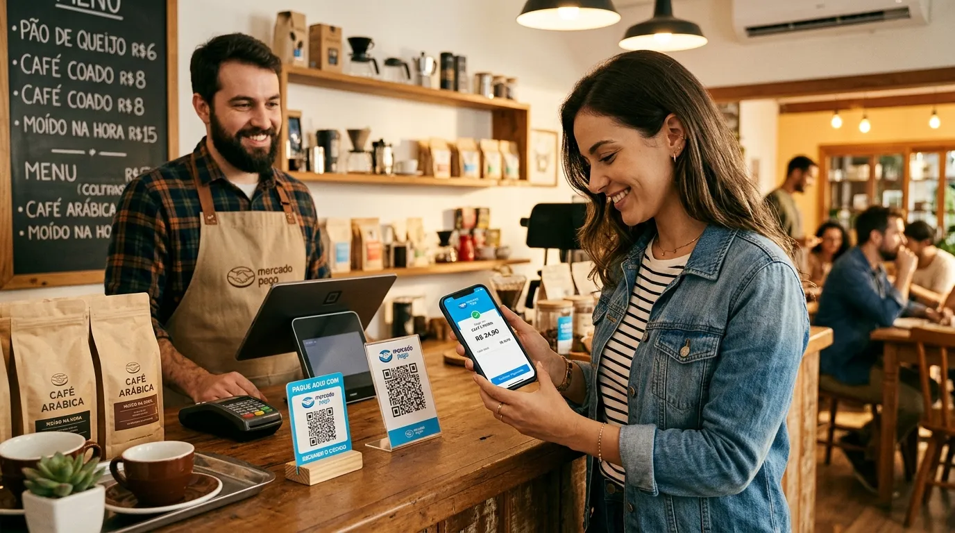  Cliente escaneando QR Code de pagamento com celular.