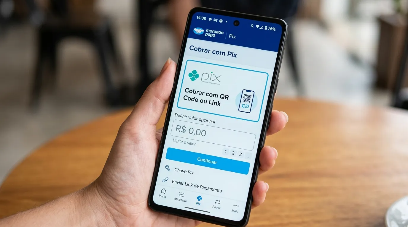 Captura de tela do app Mercado Pago mostrando o ícone para gerar cobrança imediata via Pix. 