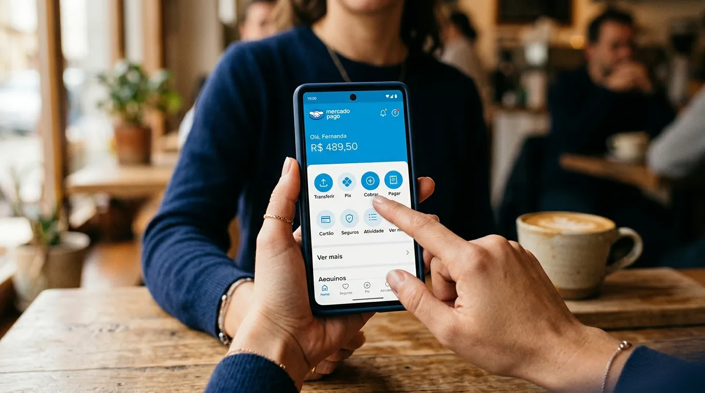 Tela do app Mercado Pago com opção de gerar QR Code Pix. 