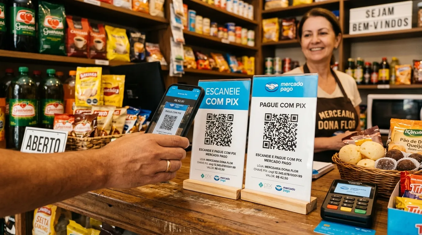  QR Code Pix impresso no balcão para pagamentos via Mercado Pago.