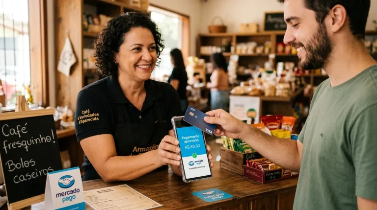 Pessoa usando Point Tap do Mercado Pago para receber pagamento por aproximação no celular Android.