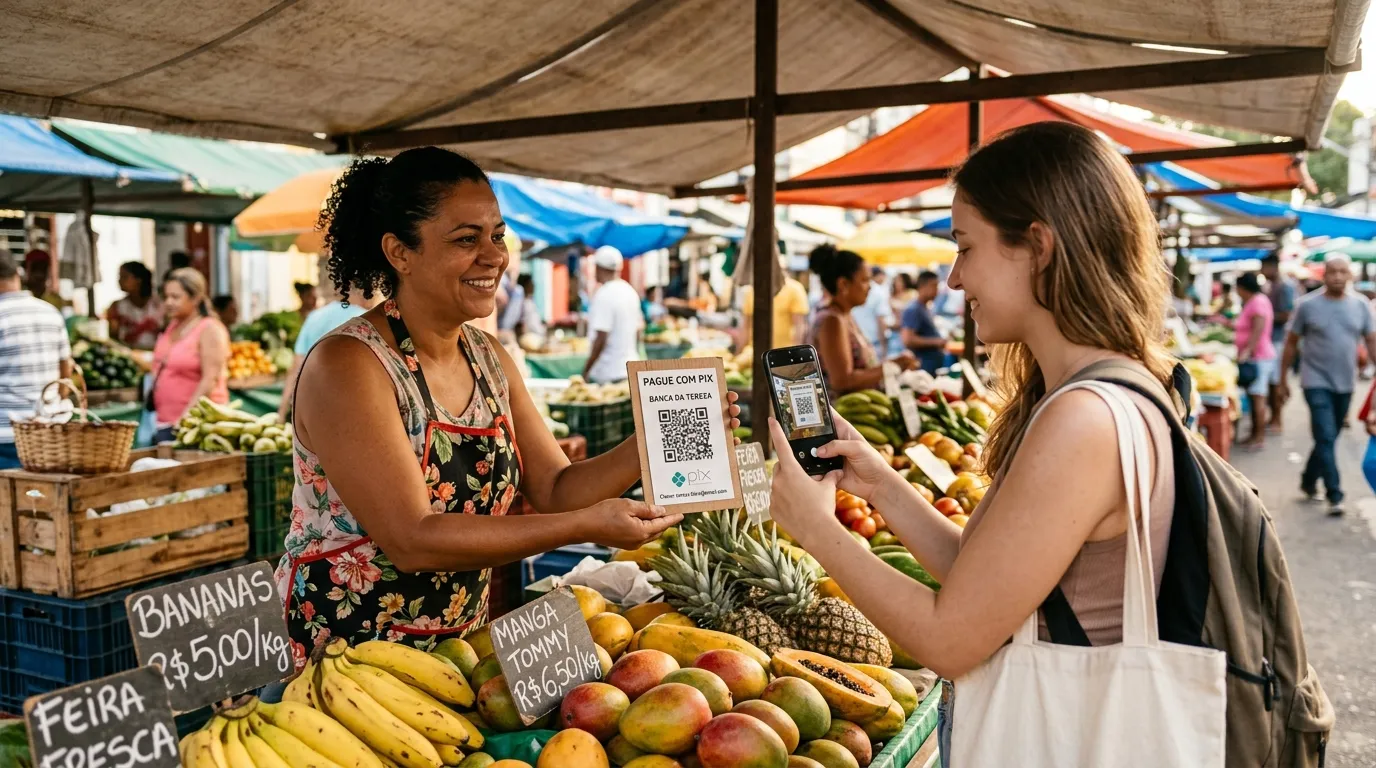 Comerciante recebendo pagamento via QR Code Pix. 