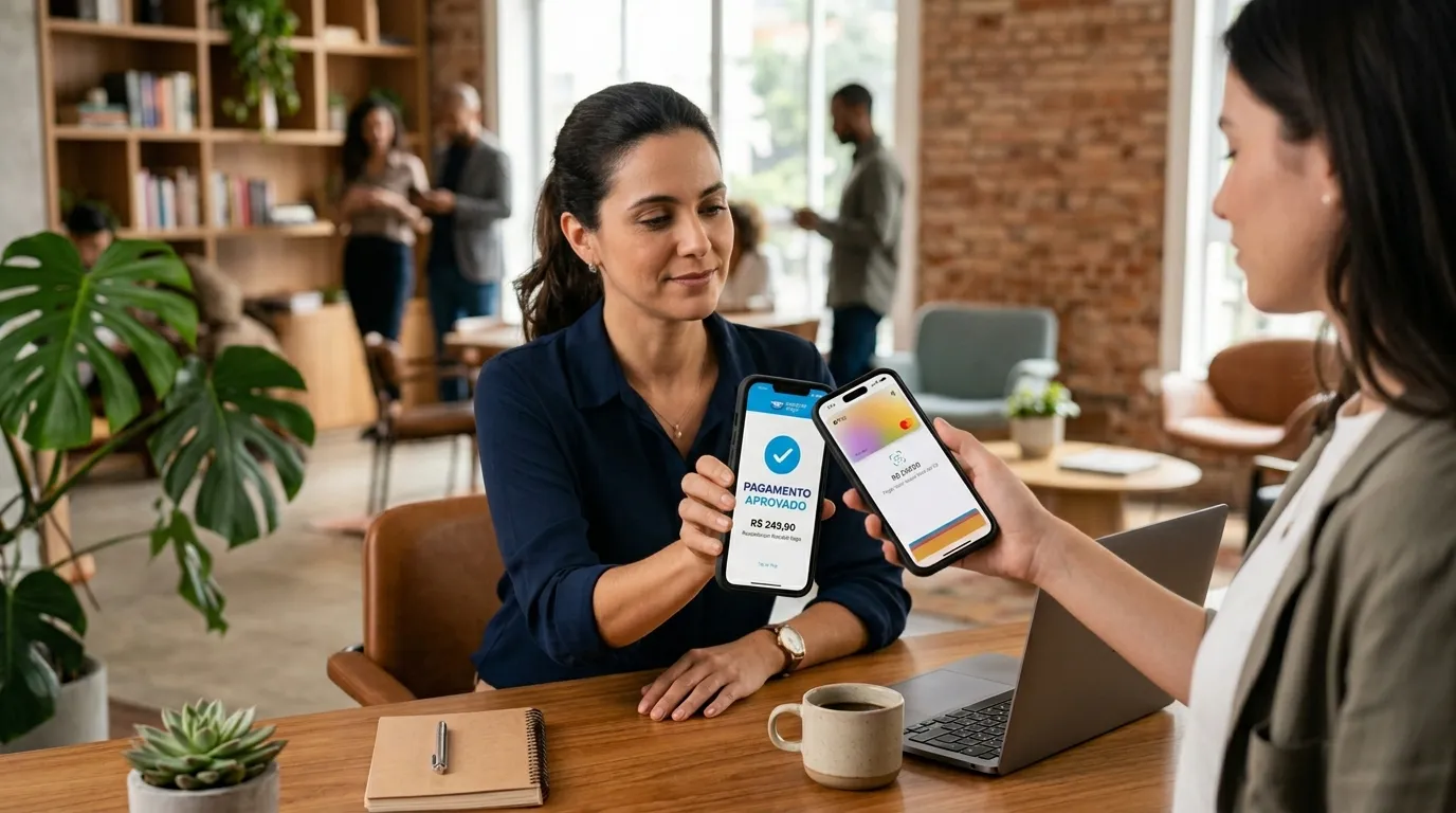 Profissional recebendo pagamento via Tap to Pay sem precisar de maquininha. 