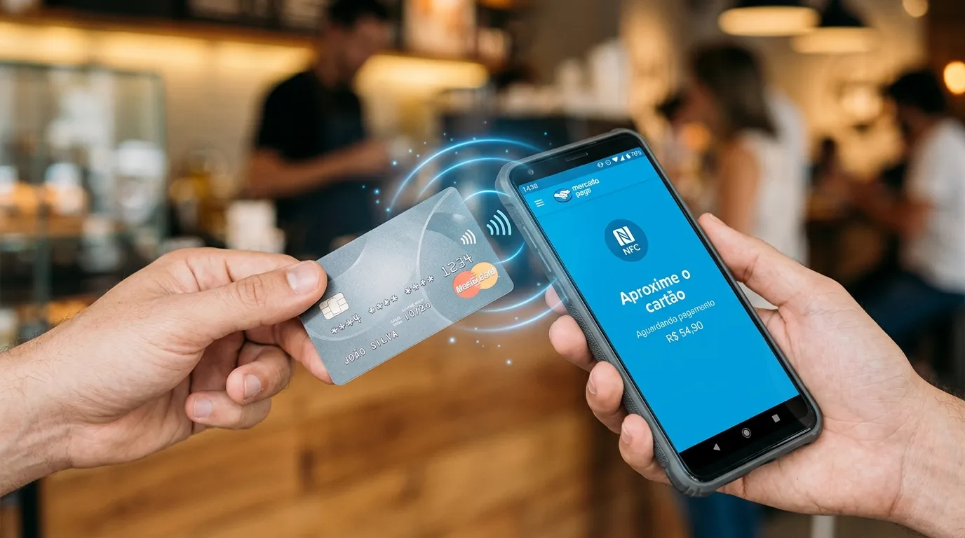 Demonstração da tecnologia NFC sendo usada para pagamento por aproximação com cartão e celular. 