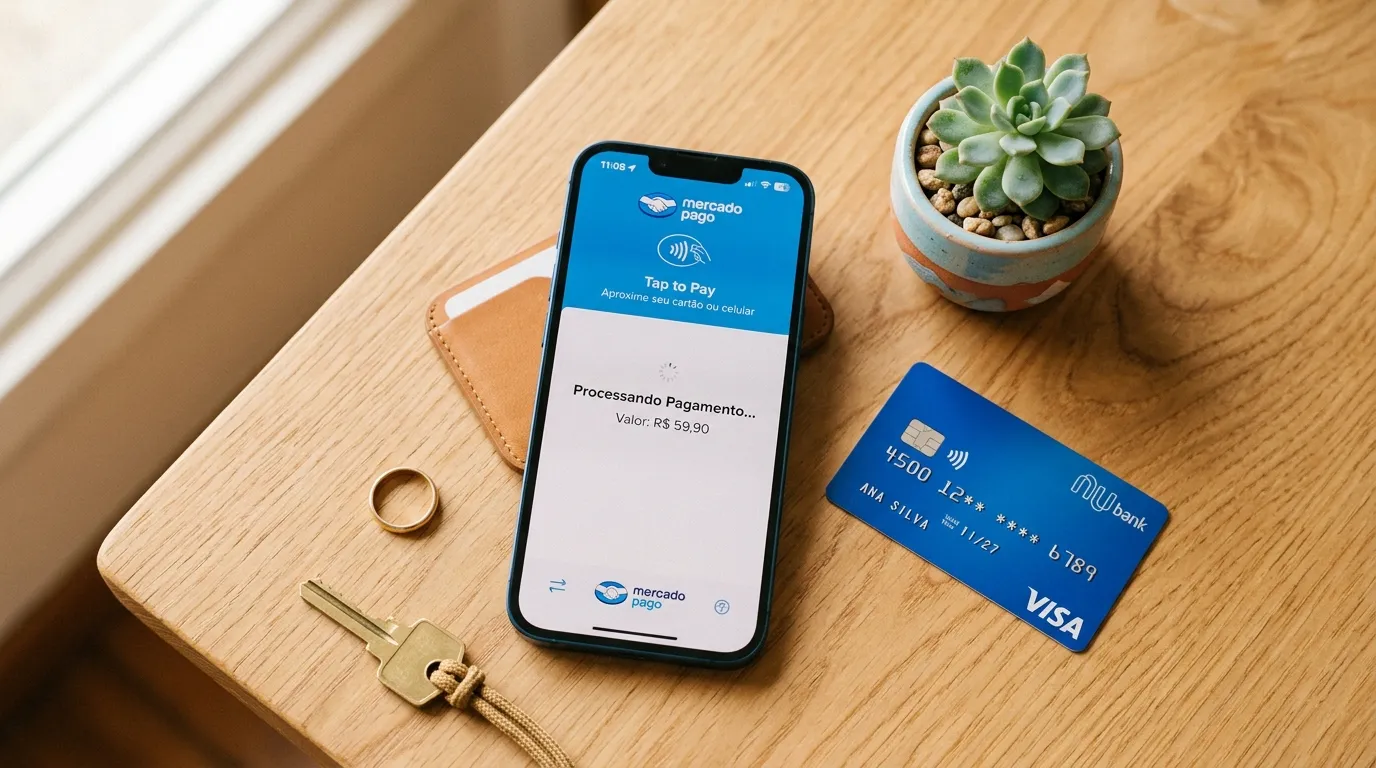Interface do Mercado Pago para pagamentos por aproximação no iPhone. 