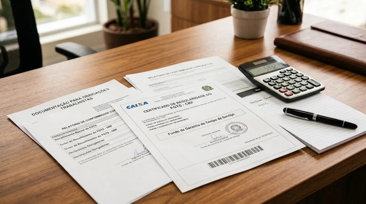 Documentos empresariais na mesa relacionados à certidão do FGTS