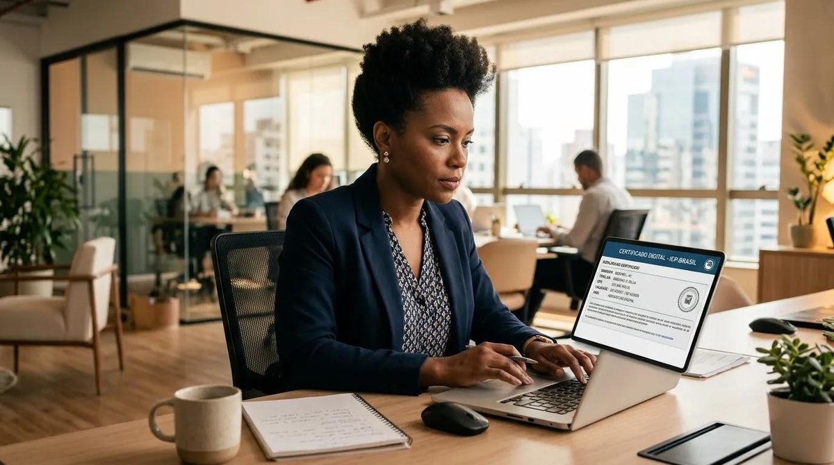 Profissional conferindo certidão negativa de débitos do FGTS no computador