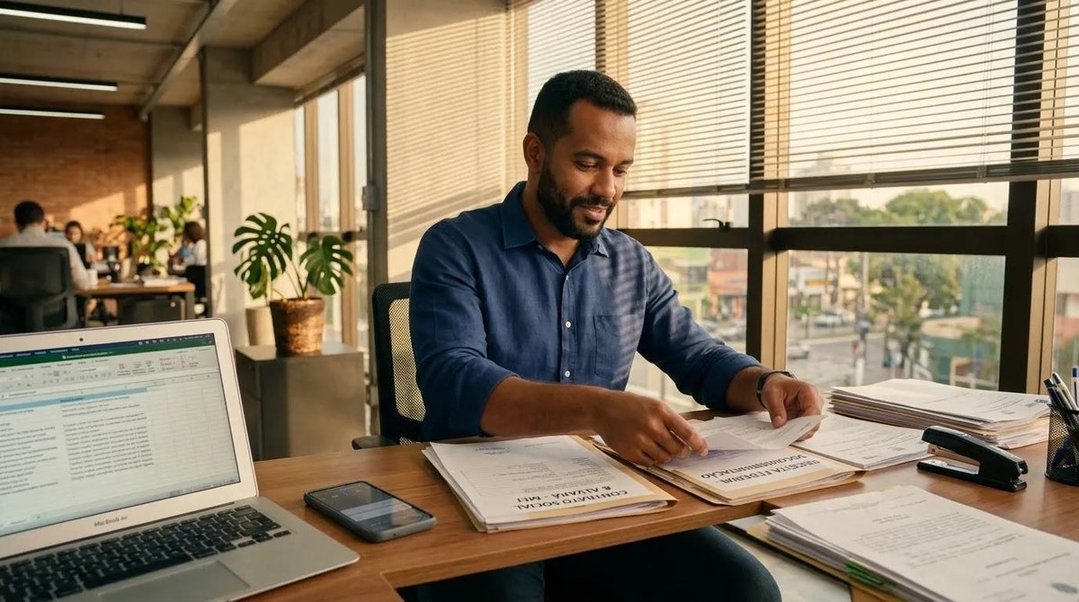 Empreendedor organizando documentos no escritório