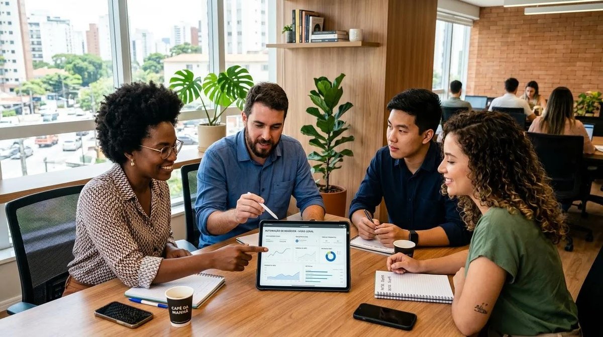 Equipe de negócios usando automação de processos para aumentar produtividade