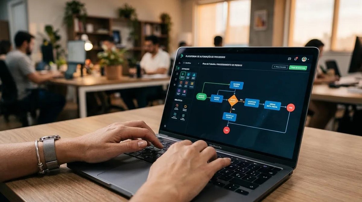 pessoa usa interface de automação de processos de negócios com fluxos no computador