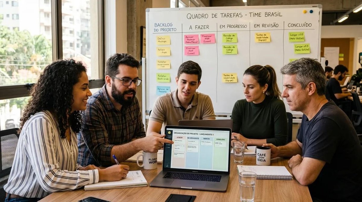 Equipe utilizando ferramentas de gestão de projetos no trabalho