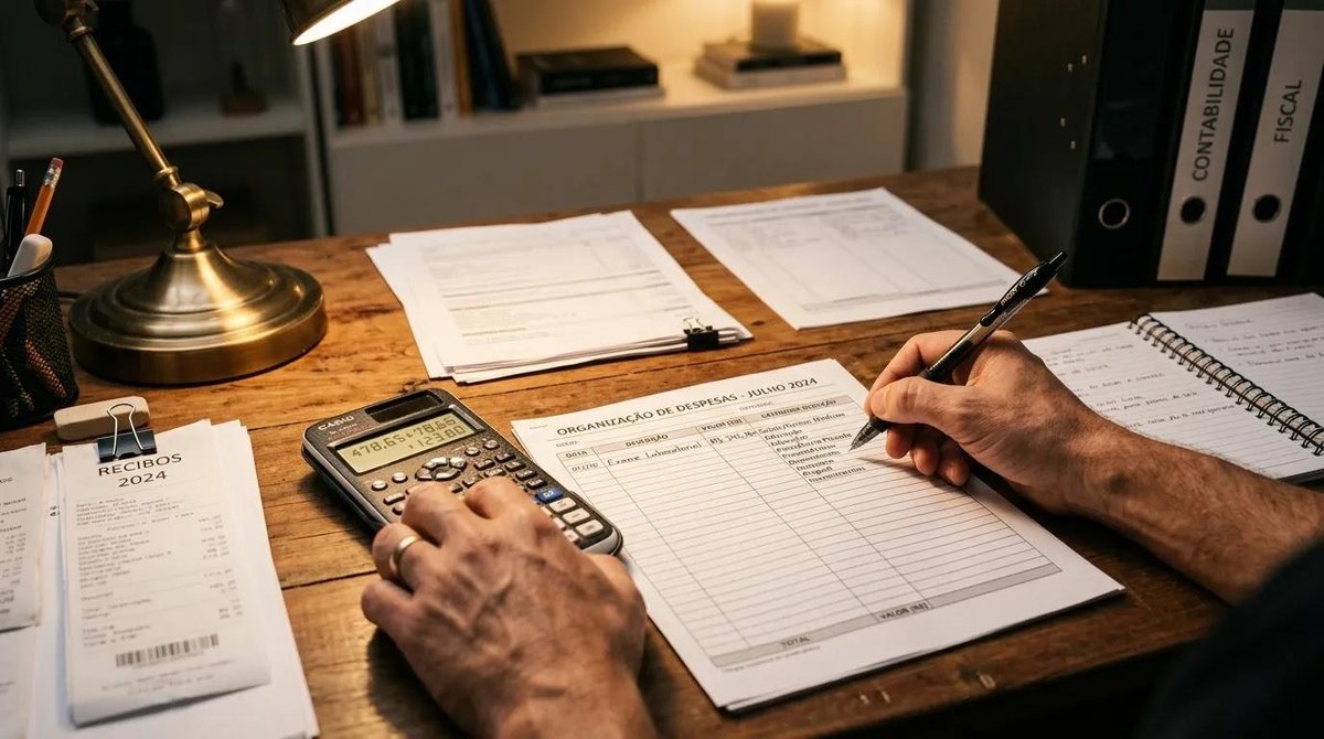 pessoa calcula deduções com calculadora e planilha