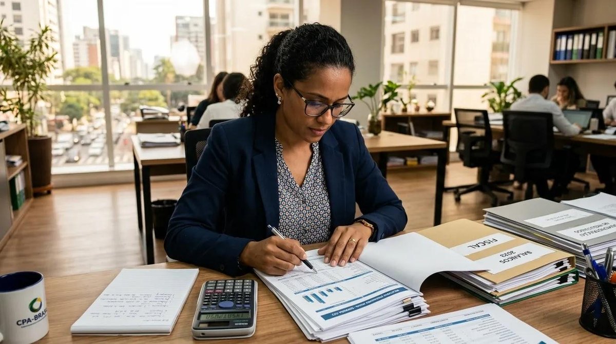 Contadora revisando relatório contábil de DRE no escritório