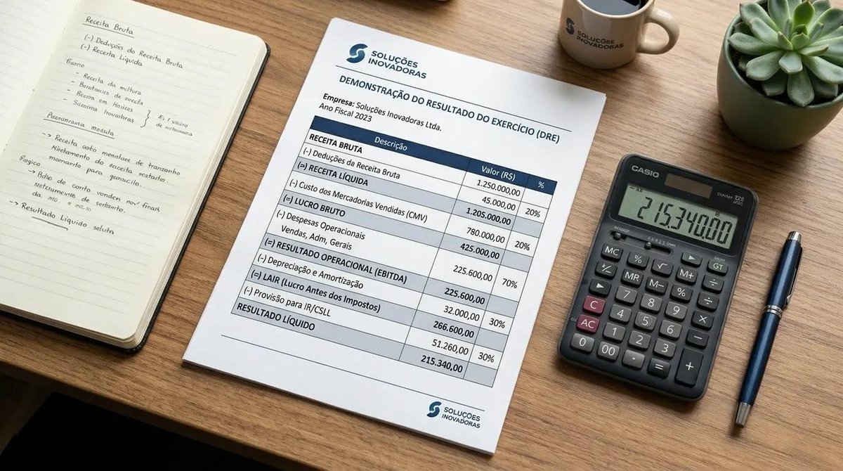 caderno, documentos e calculadora sobre a mesa