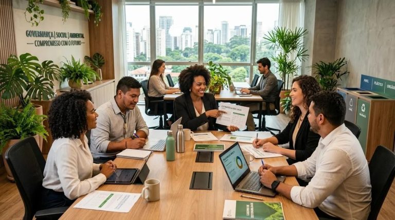 Profissionais discutindo critérios ESG em escritório