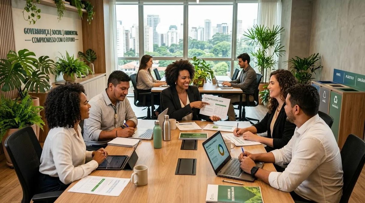 Profissionais discutindo critérios ESG em escritório