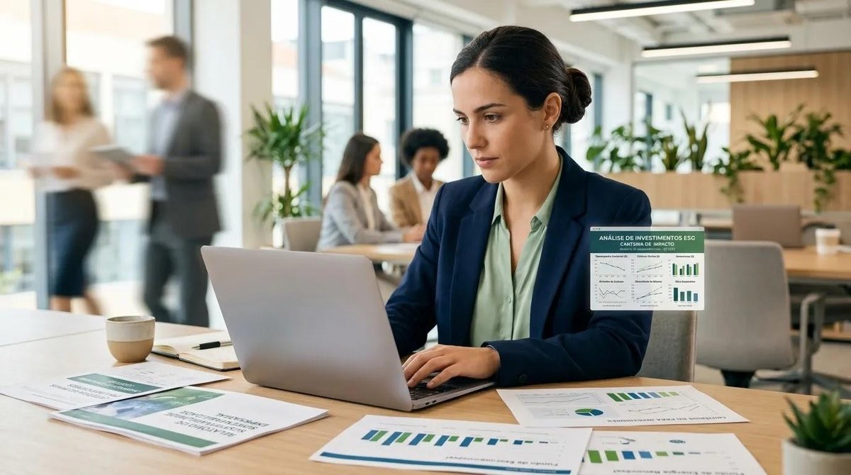 mulher analisa investimentos no computador em escritório