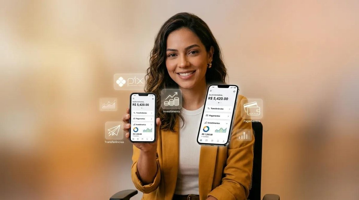 mulher apresenta celular com tecnologia fintech