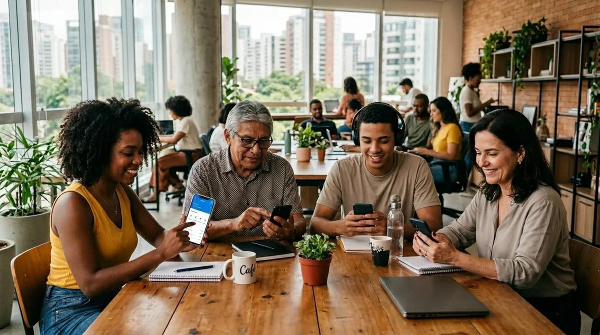 pessoas reunidas utilizando serviços de fintech em smartphones