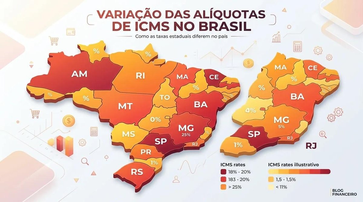 Mapa do Brasil ilustrando variação das alíquotas de ICMS.