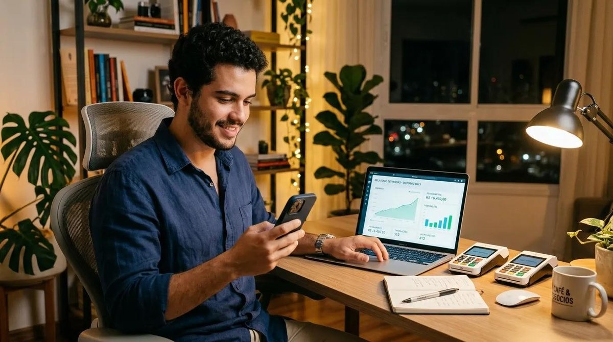 Empreendedor analisando ganhos como revendedor Point no celular