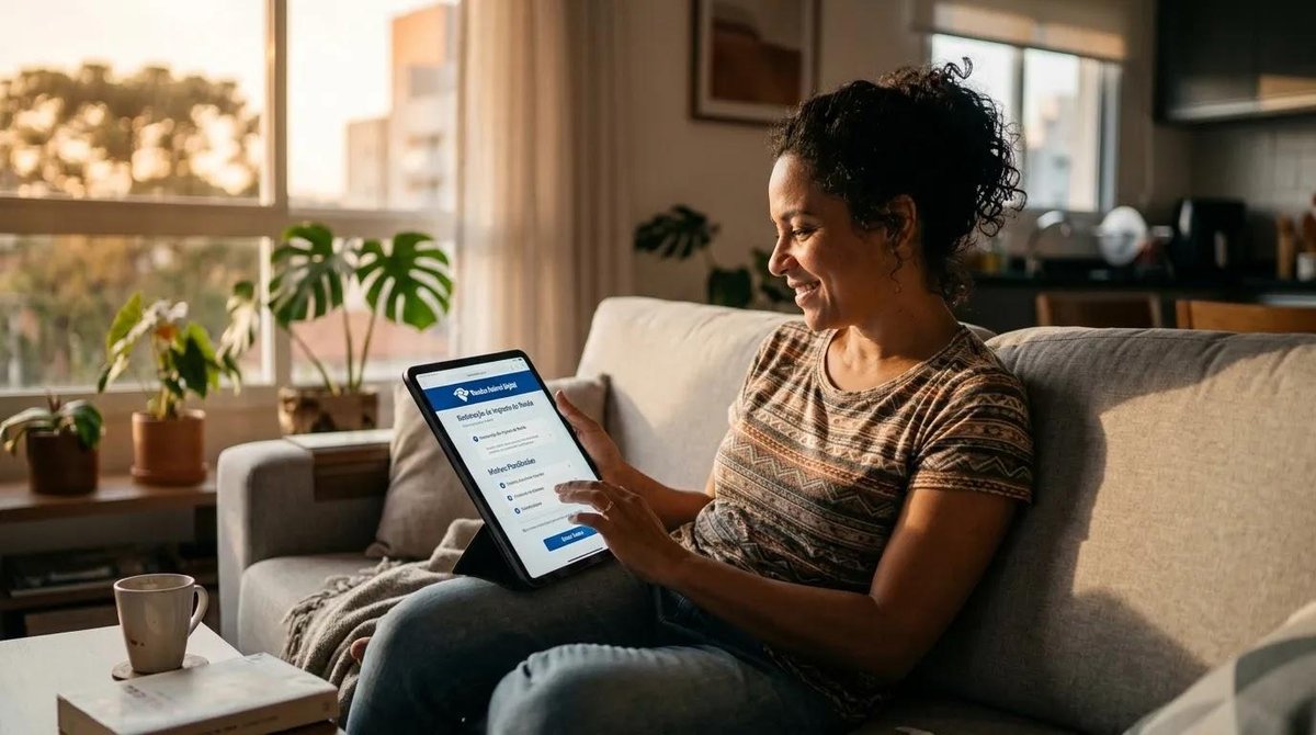 mulher usando tablet para serviços fiscais online em casa