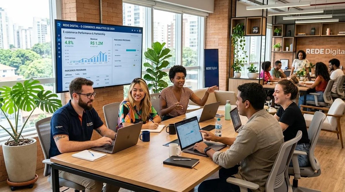 Equipe de agência analisa modelos de parceria para e-commerce