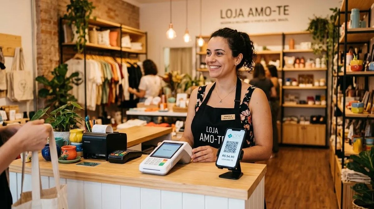 mulher com maquininha e sistema de cobrança automática em loja