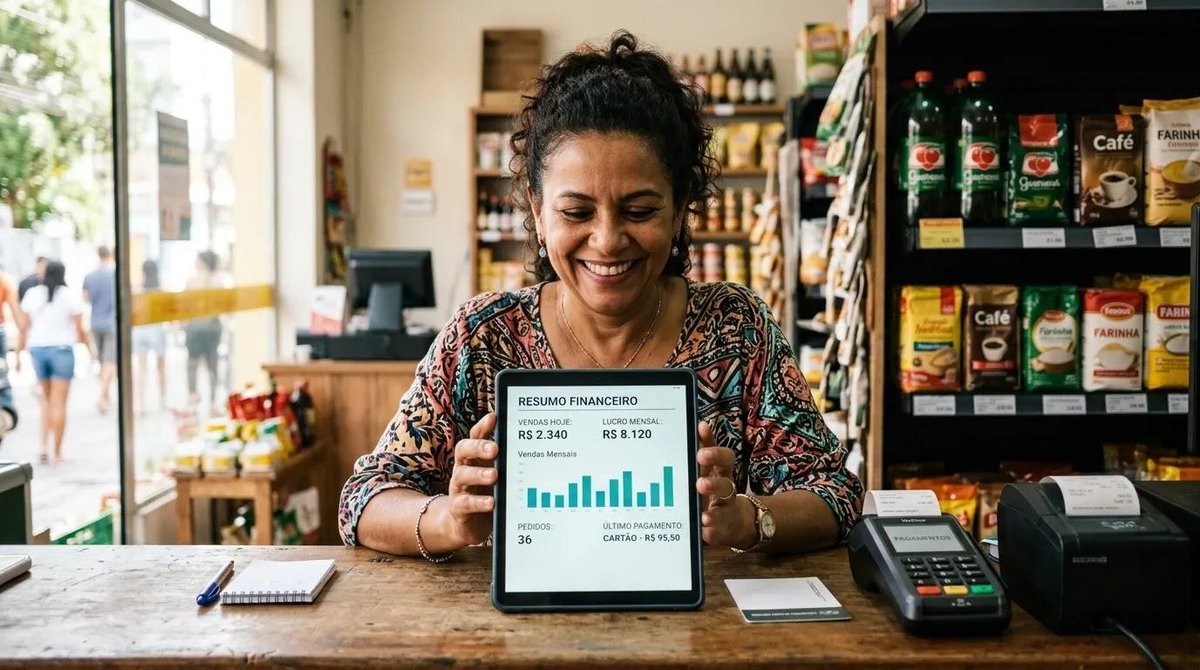 mulher mostra tablet com gestão financeira automatizada no comércio