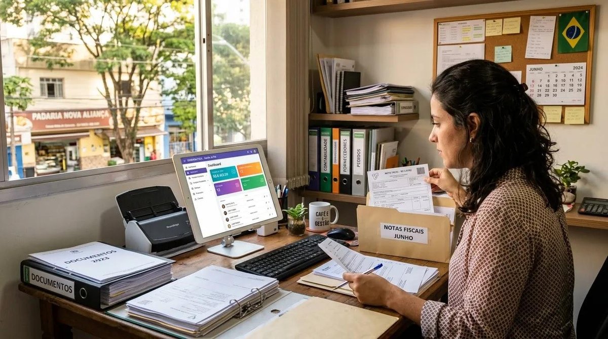 funcionária usa sistema de gestão empresarial no escritório