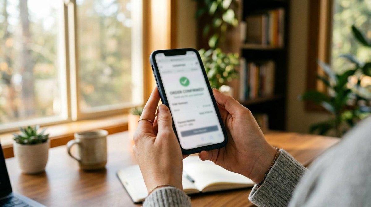 Pessoa acompanhando o fluxo de um pagamento online, desde a confirmação da compra até o recebimento do valor por um negócio.