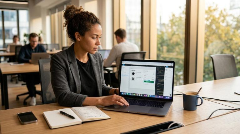 Pessoa adicionando um botão de pagamento em um site, configurando a integração para receber pagamentos online de forma prática, rápida e segura.