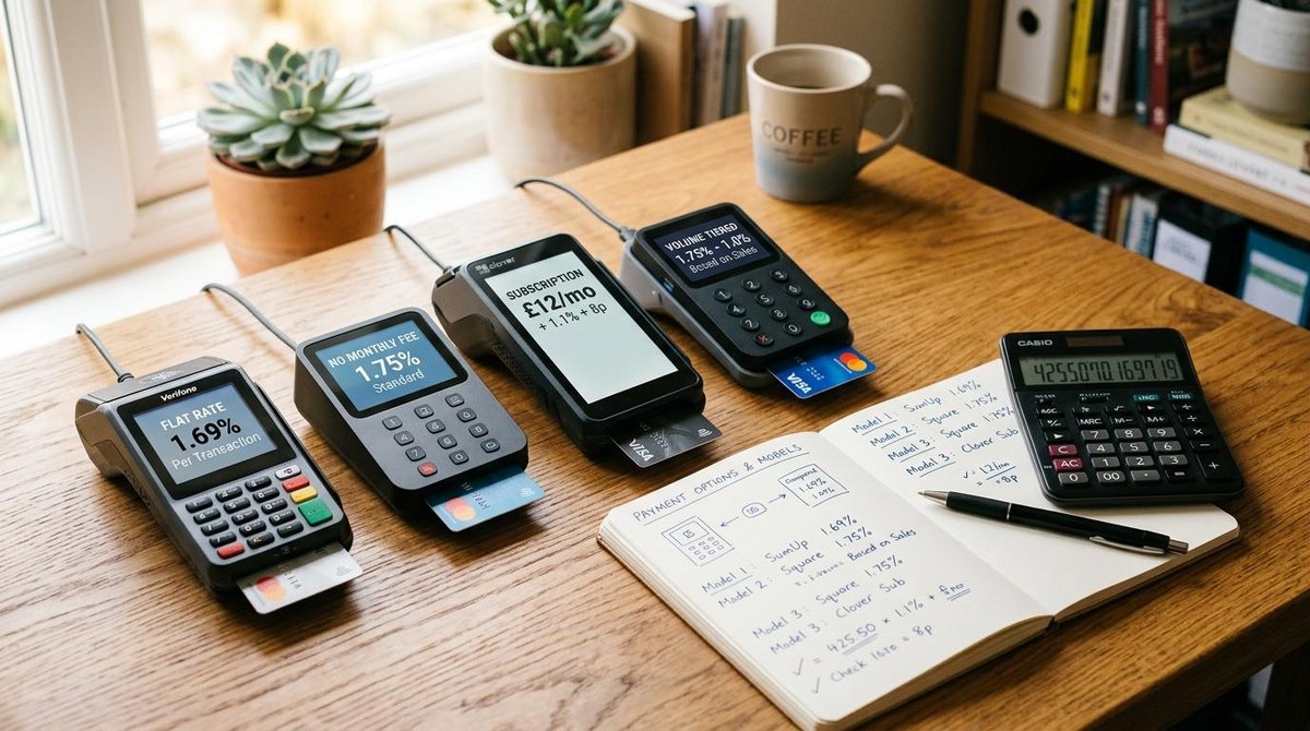 quatro maquininhas, caderno e calculadora na mesa