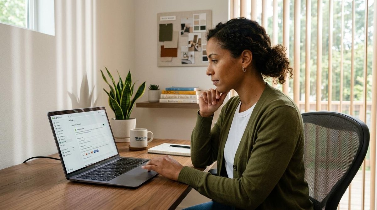 Pessoa configurando pagamentos em uma loja online, integrando diferentes métodos de pagamento para oferecer uma experiência de compra prática, rápida e segura.