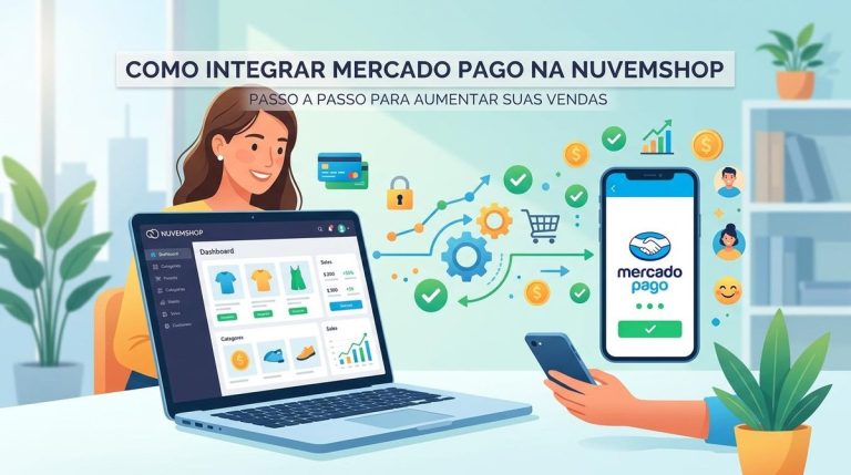 Pessoa integrando o Mercado Pago à Nuvemshop, configurando a loja virtual para aceitar pagamentos online de forma prática, segura e integrada.