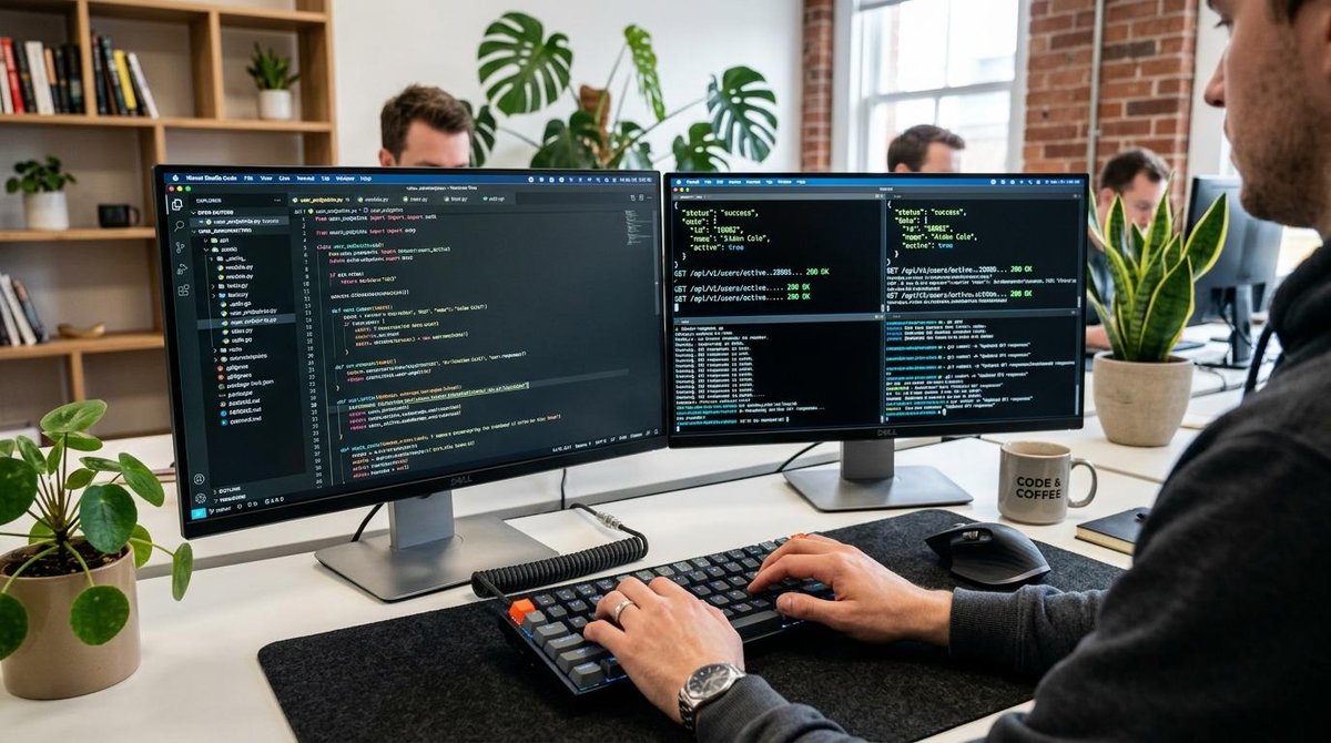 Pessoa utilizando um ambiente de desenvolvimento para API, testando integrações, validando requisições e configurando conexões entre sistemas antes da publicação em produção.