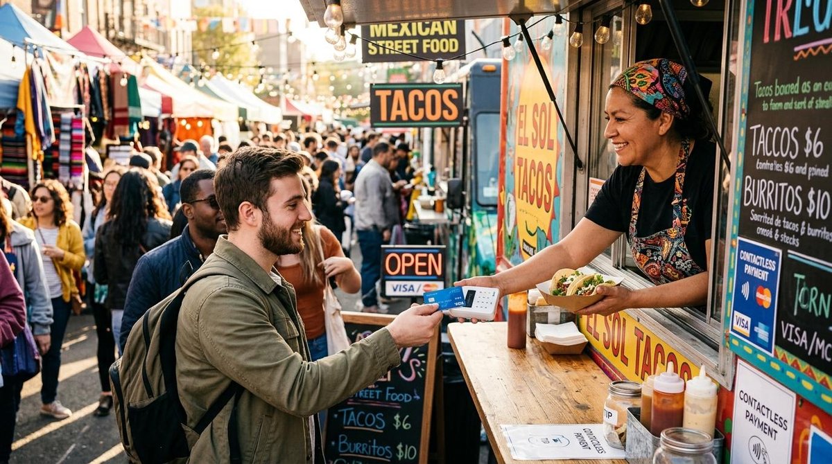 vendedora de food truck usando maquininha