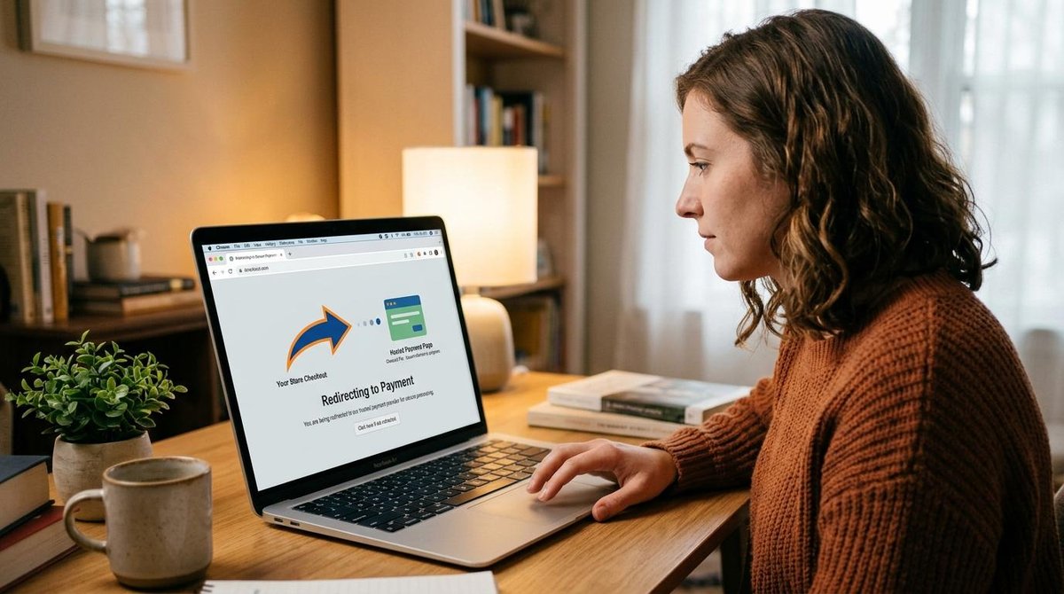 Pessoa sendo redirecionada para uma página de pagamento pelo Checkout Pro, escolhendo uma forma de pagamento para concluir uma compra online com segurança.