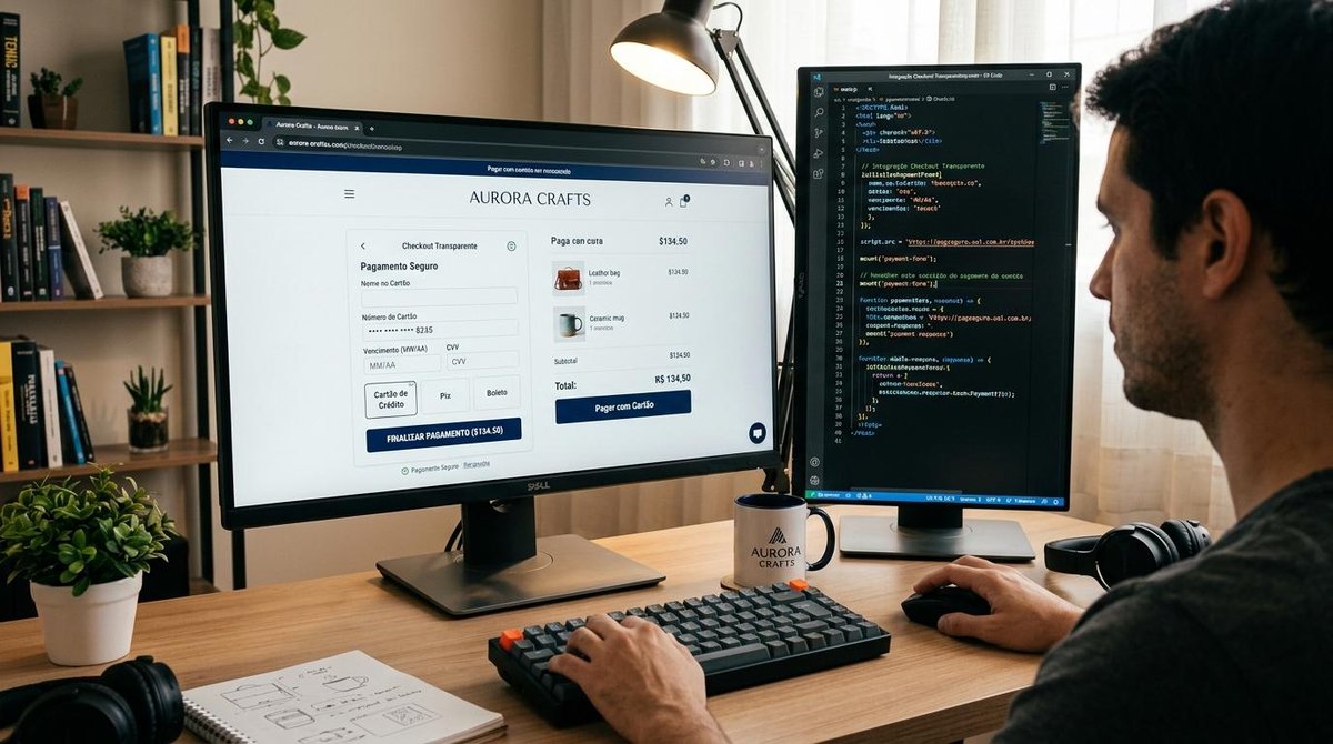 Pessoa integrando o Checkout Transparente via API para processar pagamentos online de forma personalizada, segura e eficiente.