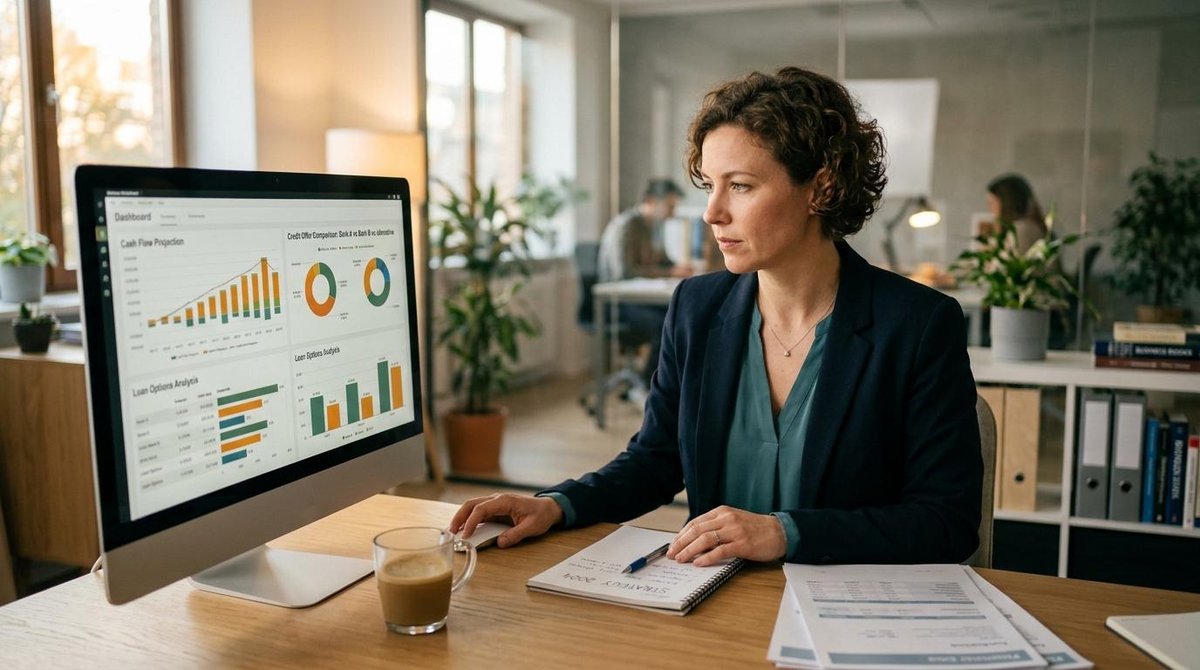 Pessoa utilizando uma solução de gestão financeira integrada, acompanhando receitas, despesas, pagamentos e indicadores em uma única plataforma para otimizar a administração do negócio.