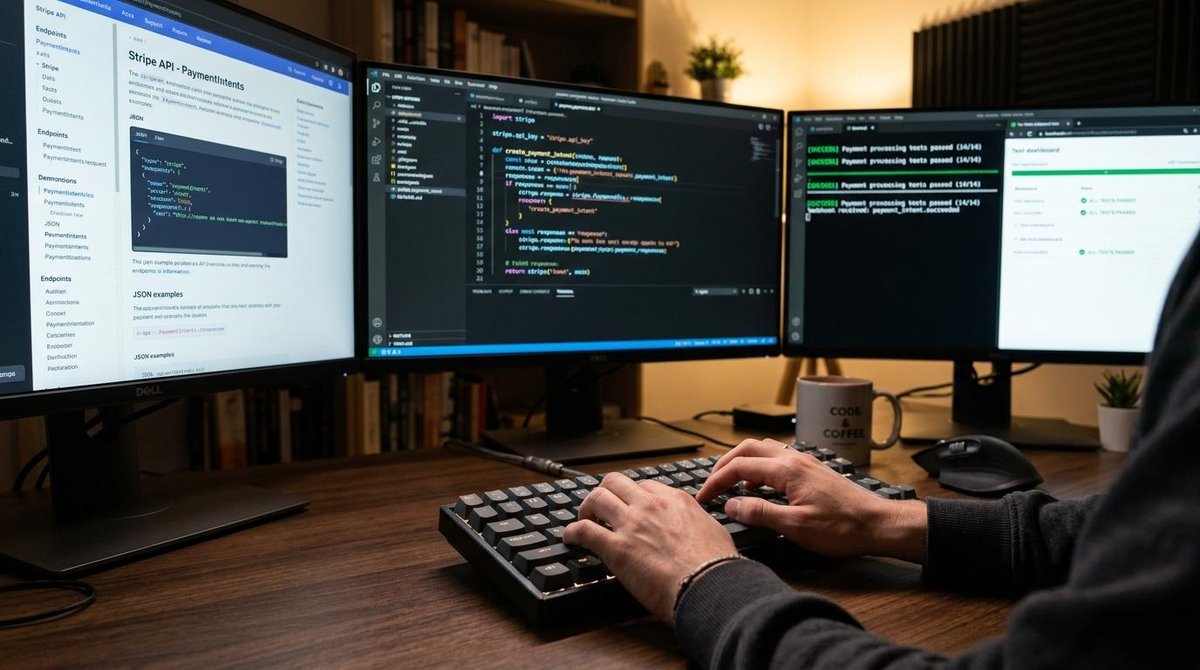 pessoa desenvolvedora trabalha em três telas com Api de Pagamentos