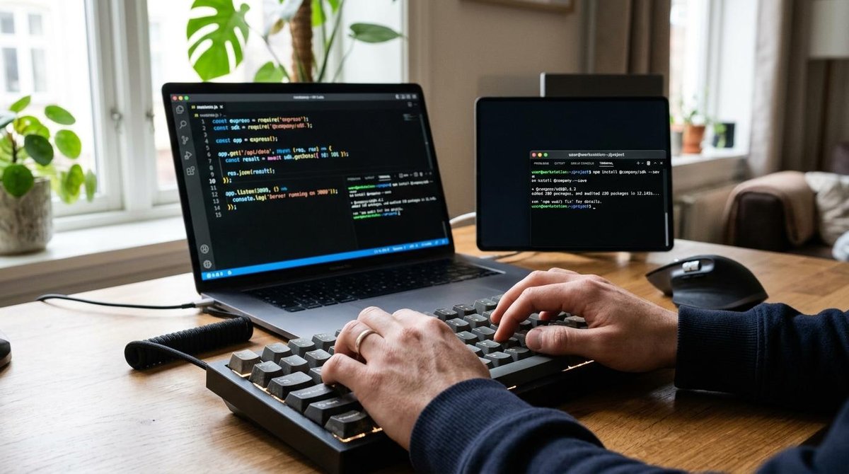 Pessoa realizando a instalação de um SDK para integração de pagamentos, configurando bibliotecas e recursos de desenvolvimento para conectar sistemas e processar transações de forma eficiente.