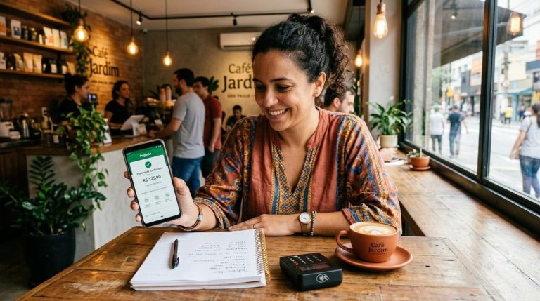 Pessoa acompanhando tendências de fintechs para pequenos empreendedores, explorando soluções inovadoras de pagamentos, crédito, gestão financeira e tecnologia para impulsionar o crescimento do negócio.