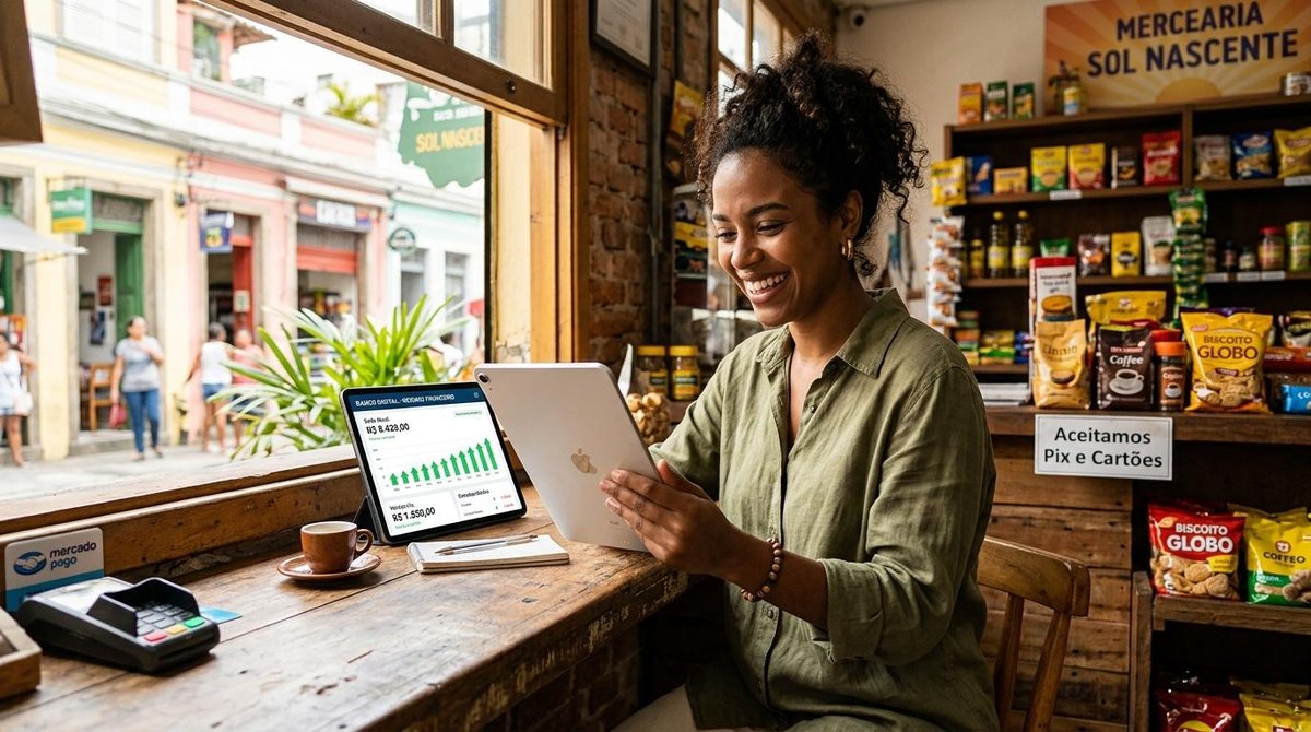 Pessoa utilizando serviços de fintechs para pequenos negócios no Brasil, acessando soluções digitais de pagamentos, gestão financeira, crédito e recebimento para impulsionar o crescimento da empresa.
